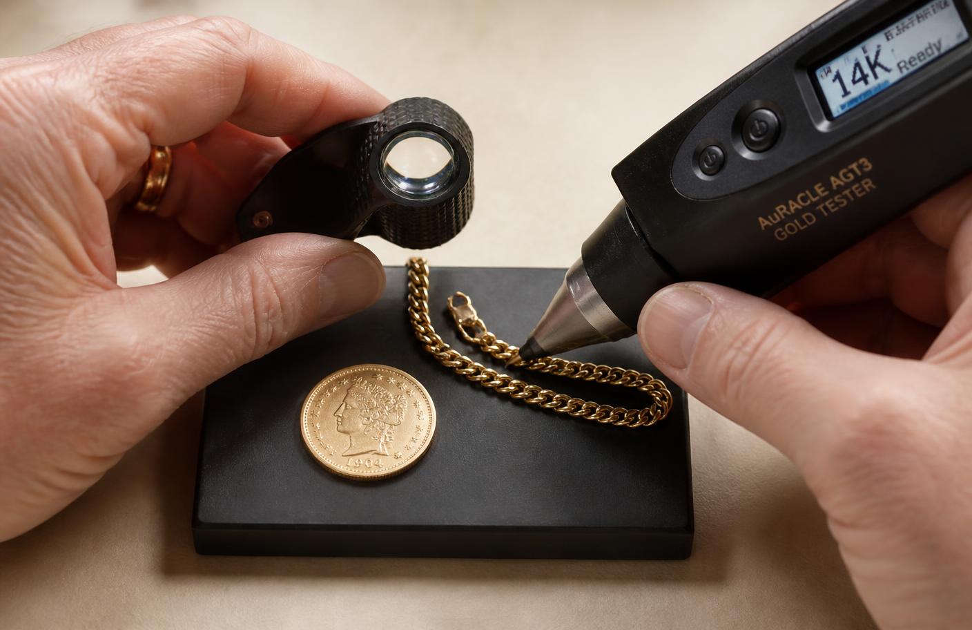 Testing a gold coin and chain with an electronic gold tester and jeweler's loupe